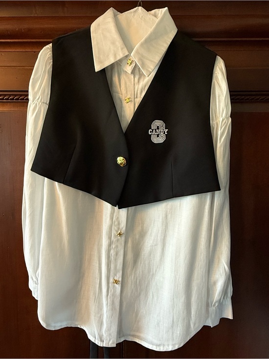 Celine Tops - Celine White Linen Blouse with Black Crop Tie-back Vest & Gold Button